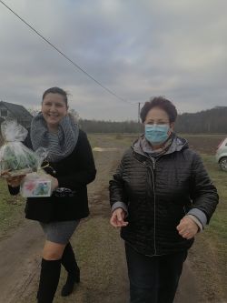 stroiki świąteczne, kobiety wręczające stroiki świąteczne starszym paniom