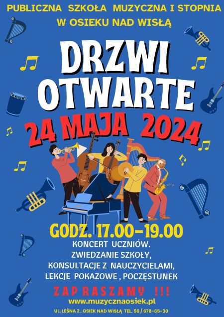 Plakat drzwi otwarte w Publicznej Szkole Muzycznej I stopnia w Osieku nad Wisłą