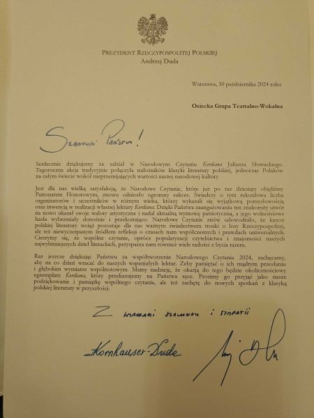 Podziękowanie od Pary Prezydenckiej RP. Narodowe Czytanie