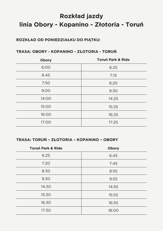 Rozkład jazdy Obory - Toruń styczeń - luty 2025