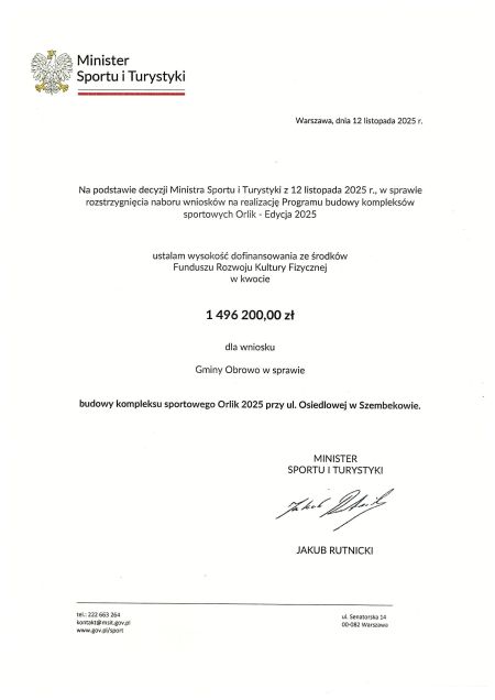 Dofinansowanie budowy kompleksu Orlik 2025 przy ul. Osiedlowej w Szembekowie