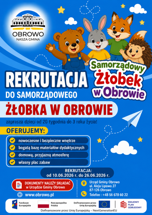 Plakat - Pierwsza rekrutacja do Żłobka Samorządowego w Obrowie
