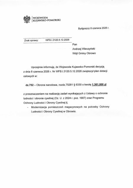 Pozyskanie dodatkowych środków finansowych z przeznaczeniem na realizację zadań z zakresu ochrony ludności i obrony cywilnej