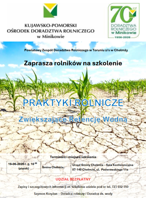 Plakat - Szkolenie dla rolników dotyczące zwiększania retencji wodnej