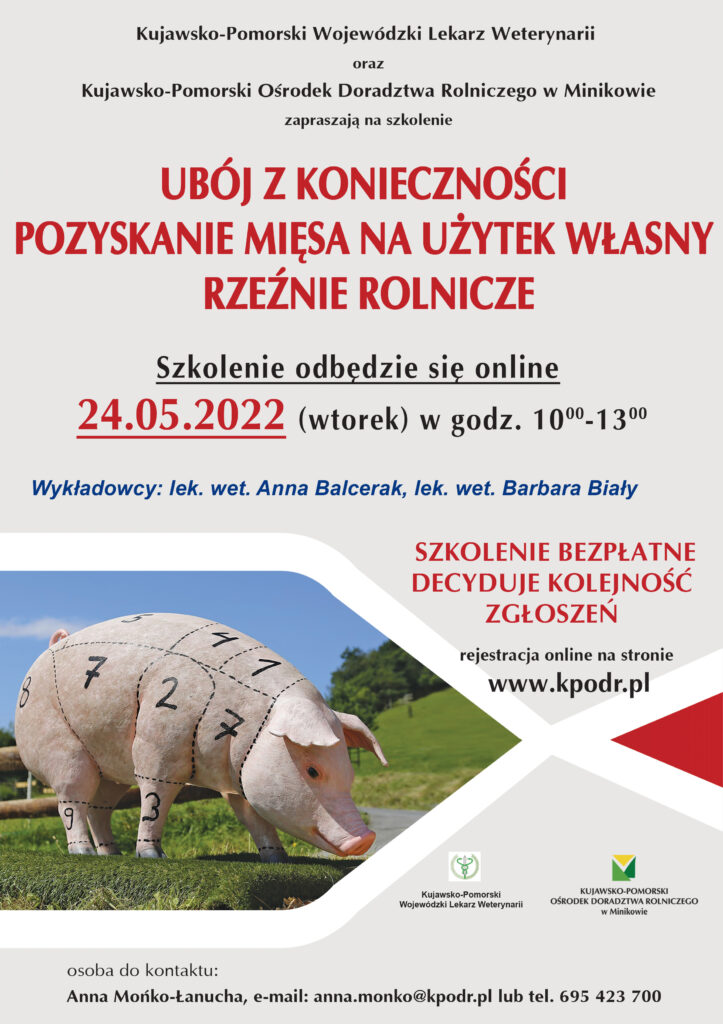 Zaproszenie na bezpłatne szkolenie - "Pozyskanie mięsa na użytek własny, ubój z konieczności, rzeźnie rolnicze