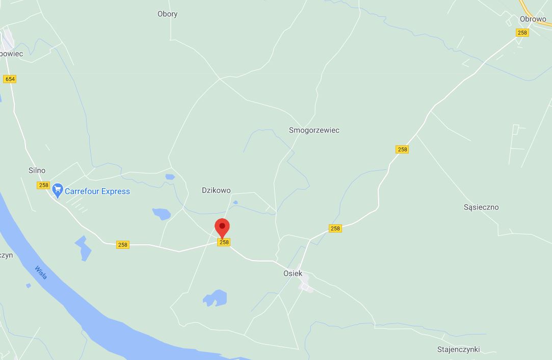 Fragment mapy Google pokazującej drogę nr 258